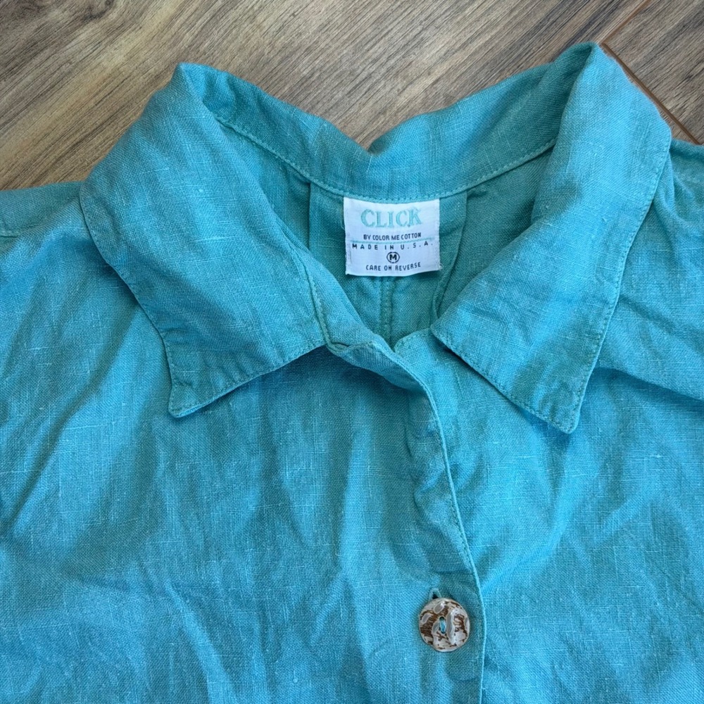 Vintage 90's 100% Linen Blouse Shirt Woman's M Teal USA Coastal Beach Color Me